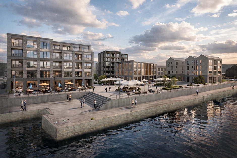 View from Hayle Estuary looking towards apartments, commercial space and public space