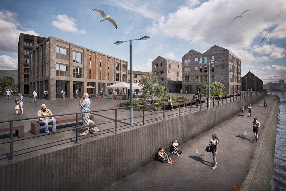 View from Hayle Estuary walkway looking towards apartments, commercial space and public space