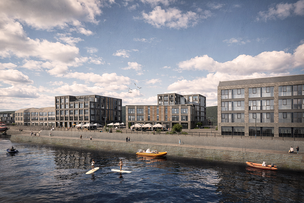 View from Hayle Estuary looking towards apartments, commercial space and public space