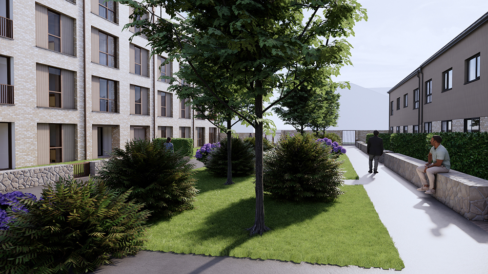 View of green space within Zone 2 between houses and apartment building